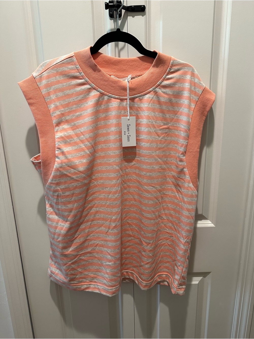 Sewn & Seen Boutique Sleeveless Striped Knit Tank in Coral and Heather Gray
